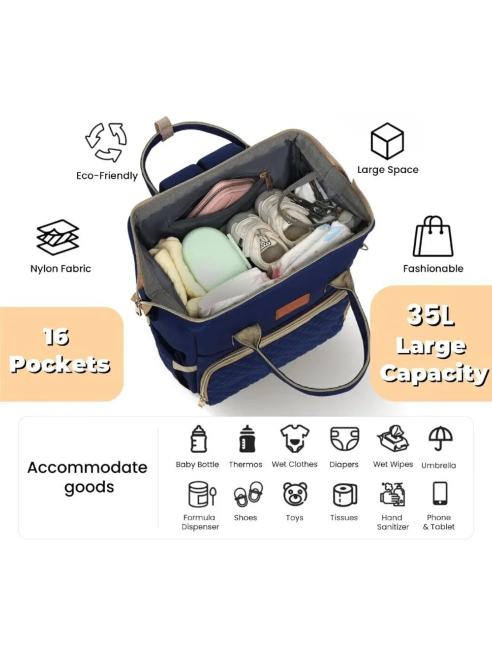 Stylish Waterproof Diaper Bag Backpack with Changing Pad & Pacifier Case - Large